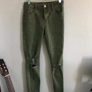 Mid-rise Olive Green/Army Green Distressed Jeans